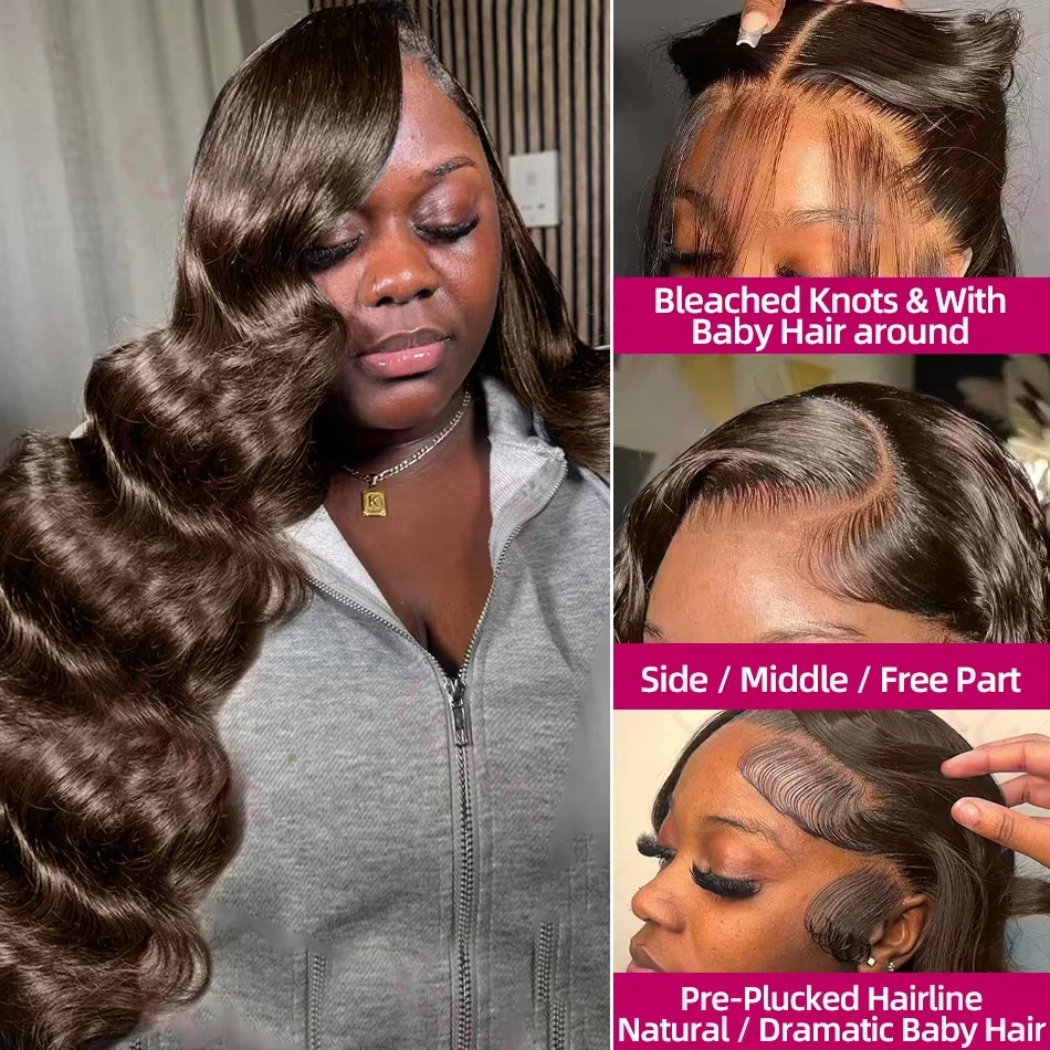 ﻿   ブラジリアンチョコレートブラウンボディウェーブ200%密度13x4 HDレースフロント人毛ウィッグ4x4レースフロントウィッグ生え際処理済み女性用