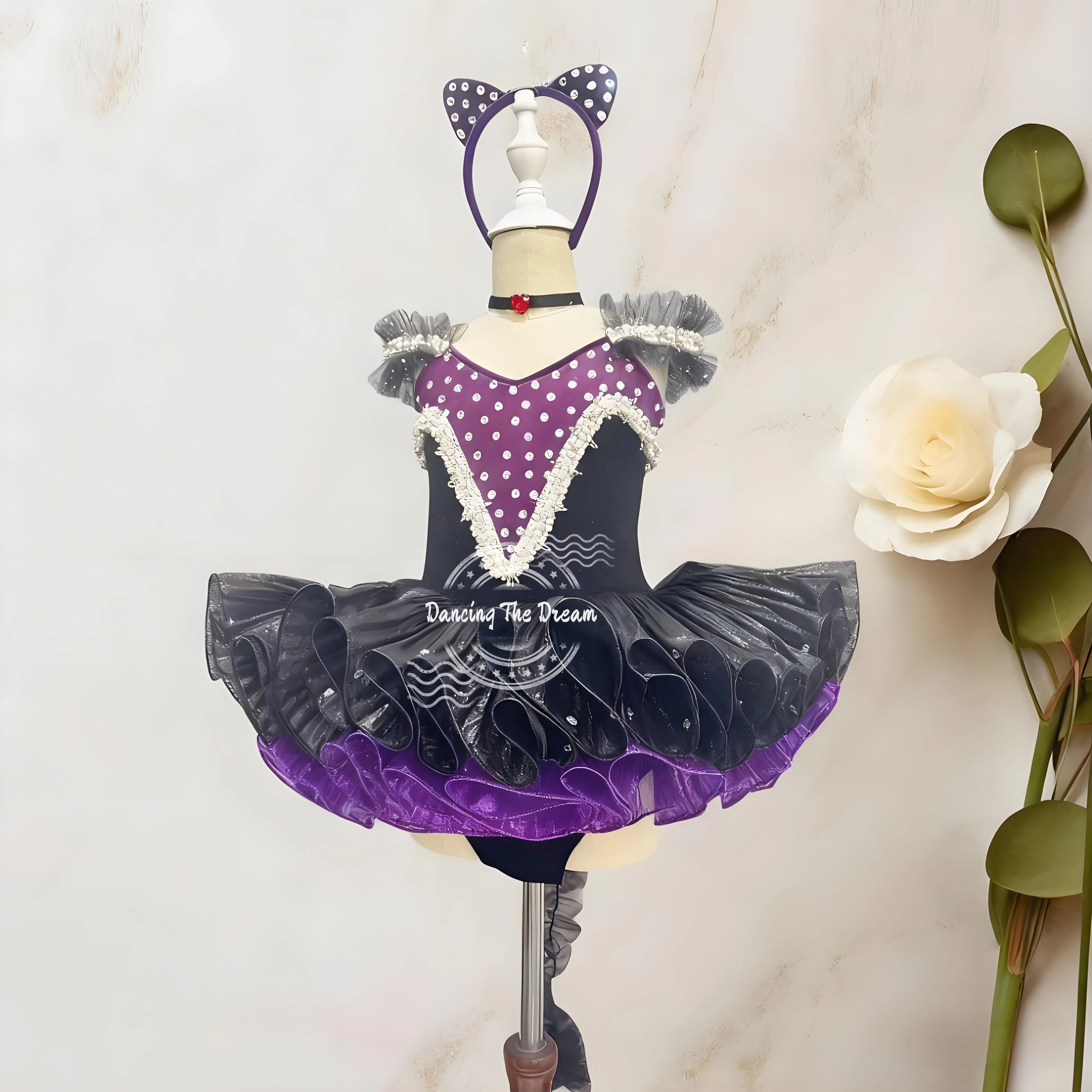 

Elegant V - neck Ballet Dress with Cat - ear Headband & Sparkle Accents Cat-ear Polka Dot Ballet Tutu with Ruffled Tulle Skirt