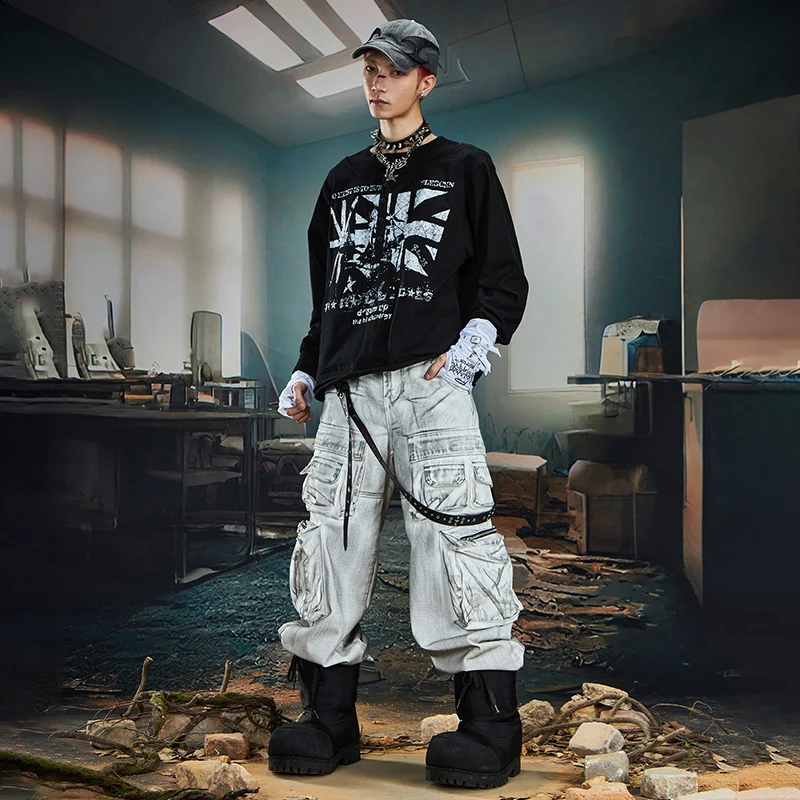 LUZHEN 2025 موضة جديدة خمر نمط مهترئ غسلها مستقيم البضائع الدنيم السراويل الرجال الشارع الأصلي جيوب كثيرة الجينز JY5027 #6