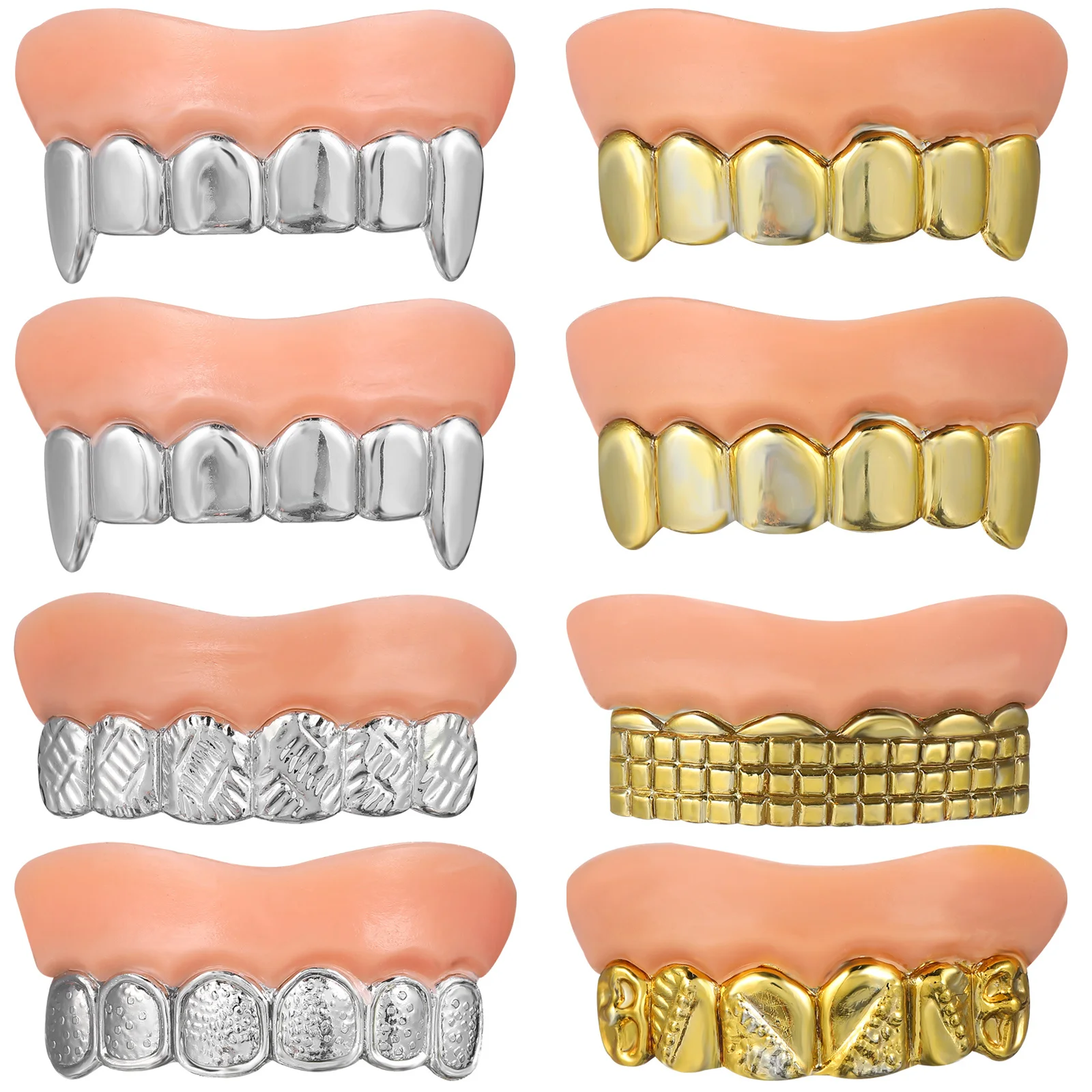 8pcs Simulated Electroplated Gold Silver Fake Teeth Zombie Fangs Halloween Costume Props for Adults Funny Vampire Dentures