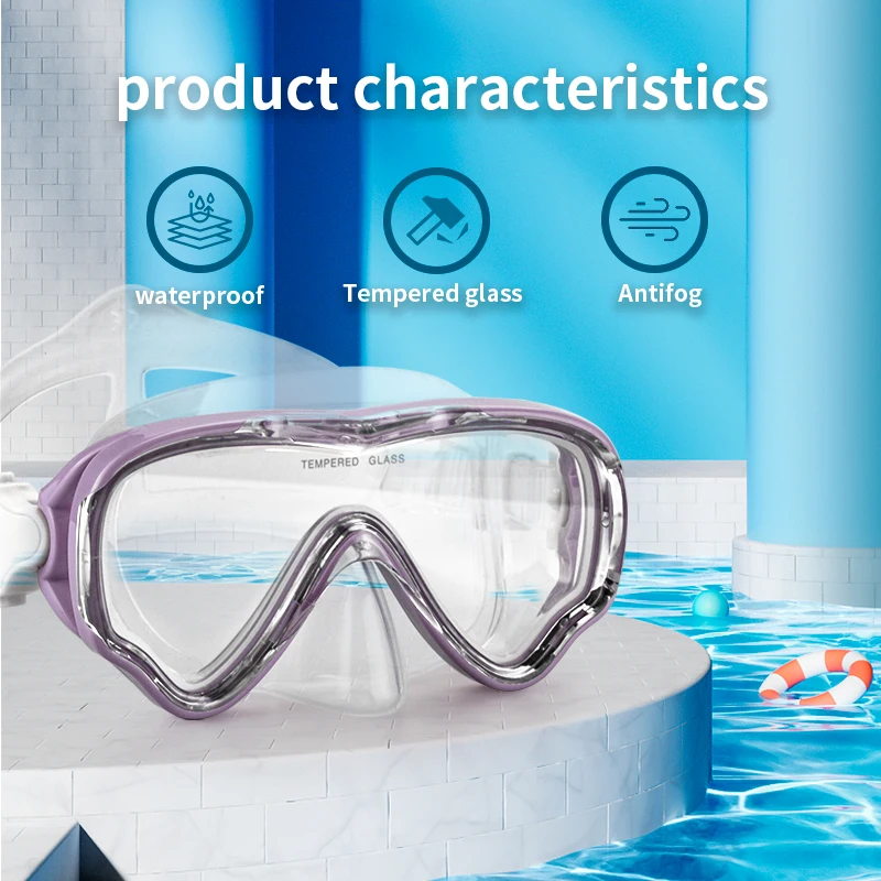 Diving Mask Swimming Goggles Scuba Snorkel Silicone Skirt Tempered Glass Panoramic HD Anti-Fog with Nose Cover for 8-12 Age Kids