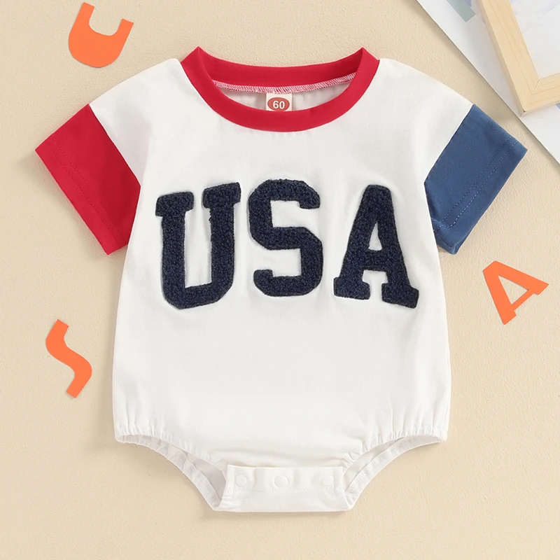 

2024-03-11 Lioraitiin 0-18M Baby Girls Boys Independence Day Romper Short Sleeve O-neck Letter Embroidery Contrast Color Romper