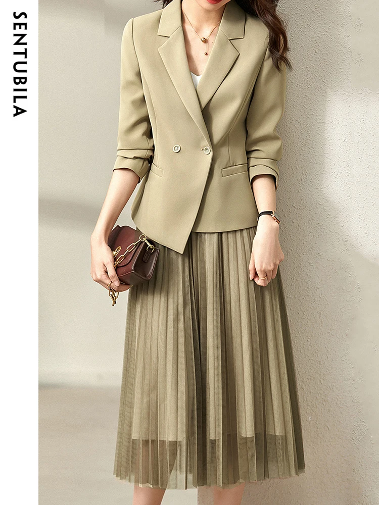 SENTUBILA Elegant Womens Outfits 2024 Autumn Fashion Folds A Line Skirt Suit Office Ladies Fashion Notched Blazer Two Piece Set