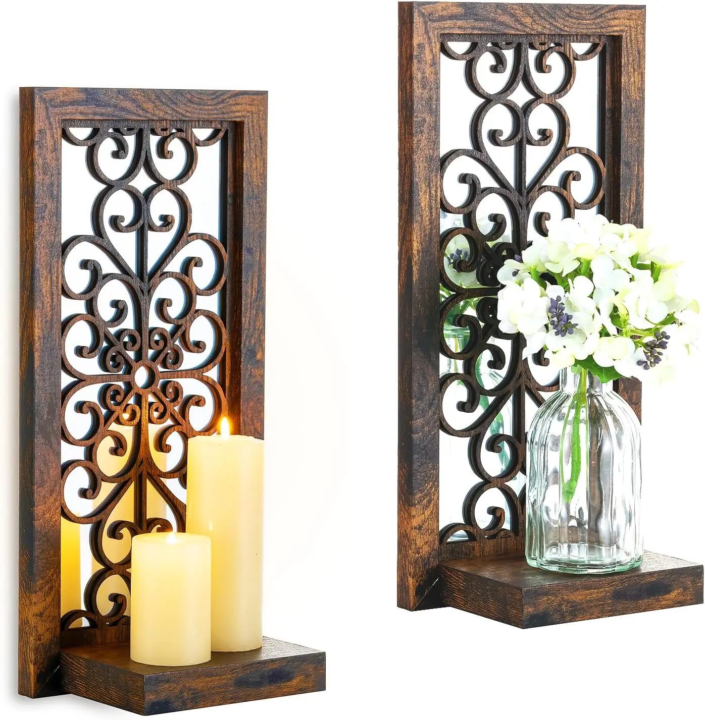 

Farmhouse Wall Candle Holder Decor: Rustic Candle Sconces Set of Two for Pillar Candles - Brown