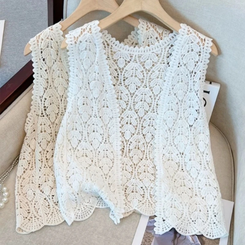 Womens Summer Hollowed Out Crochet Knitted Sleeveless Vests Cardigans Open Front Loose Beach Outwear Sweater Coat