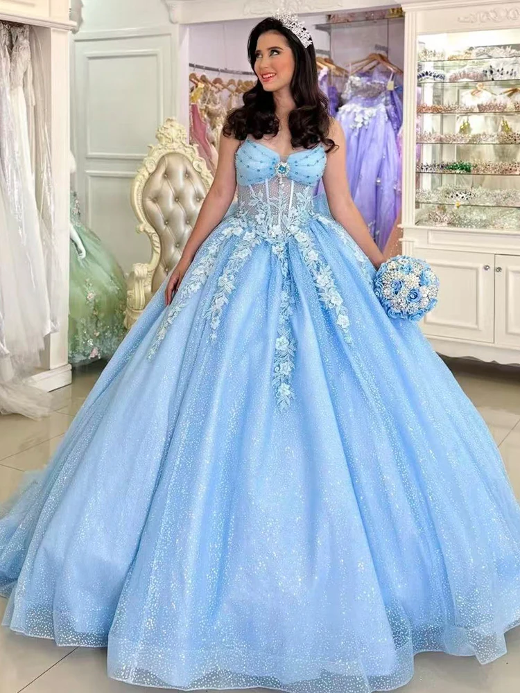 High Quality Quinceneara Dress Organza With Embroidery Sequins Ball Gown Sleeveless Spahrtti Strap Customized Vestido De Noche