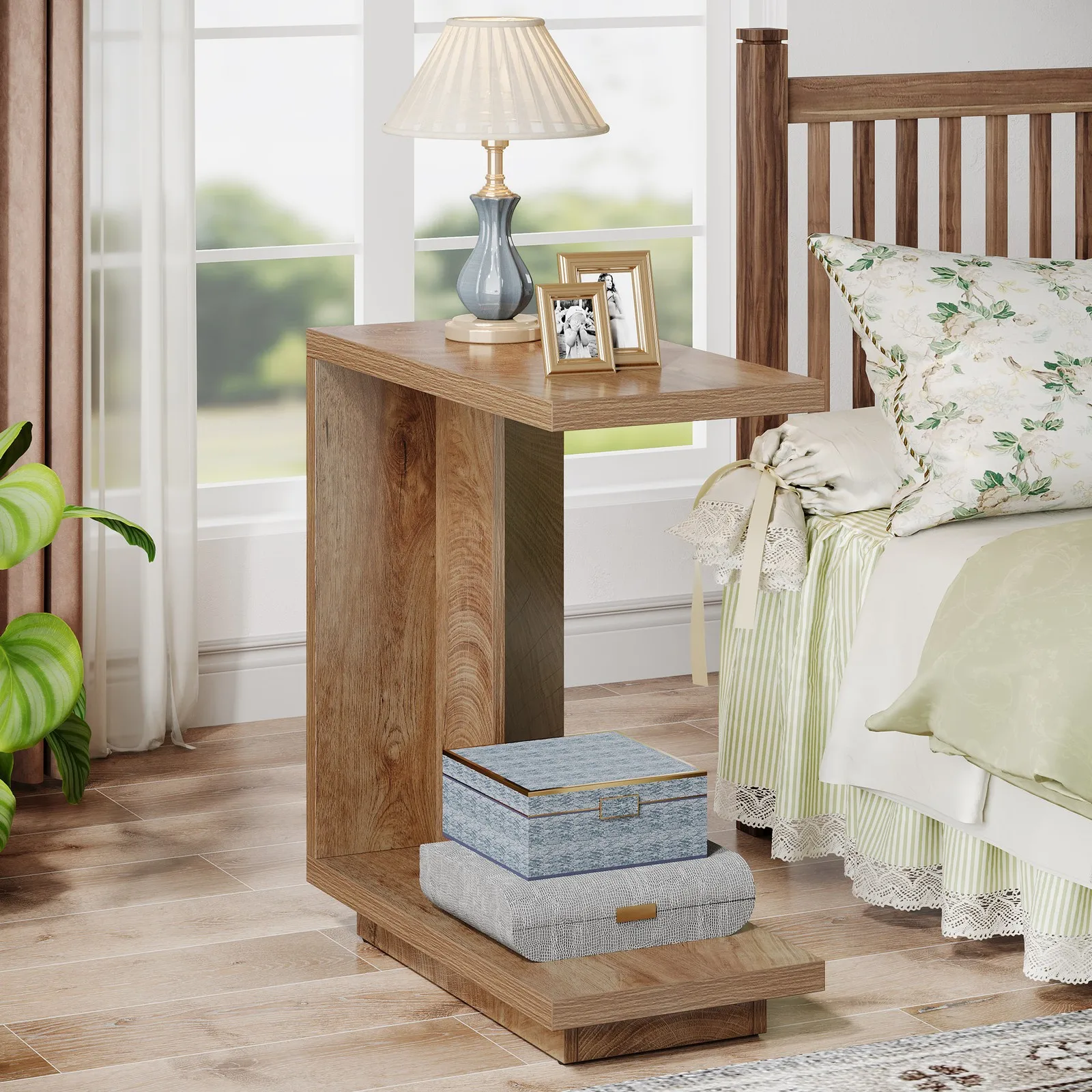 

C-Shaped Side Table for Couch, 2 Tier Industrial Sofa End Table for Living Room