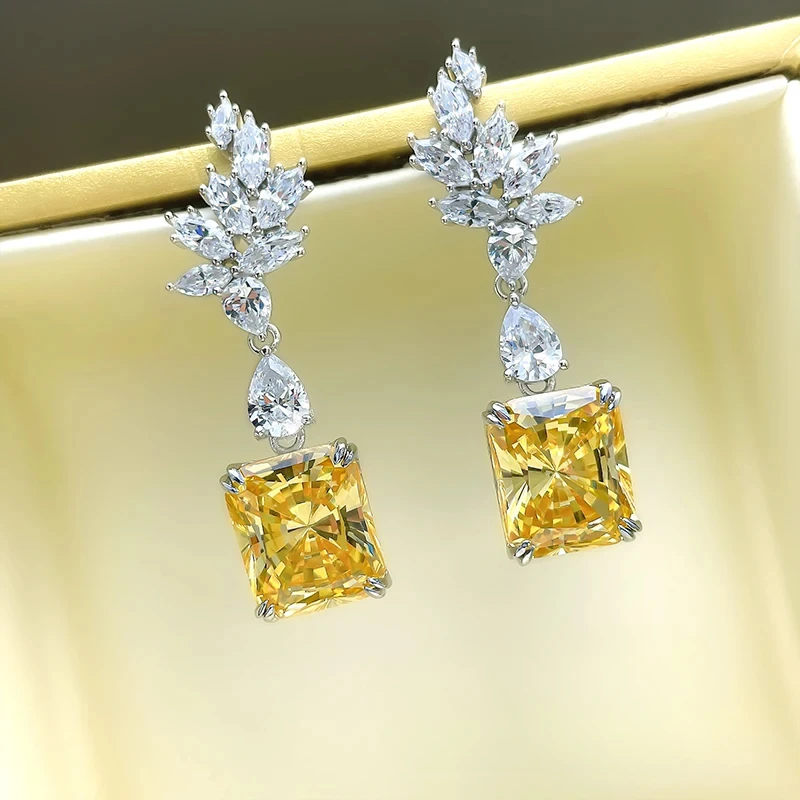 

New Yellow Diamond Square Ice Cut S925 Sterling Silver Earrings with Colorful High Carbon Diamond Engagement Jewelry