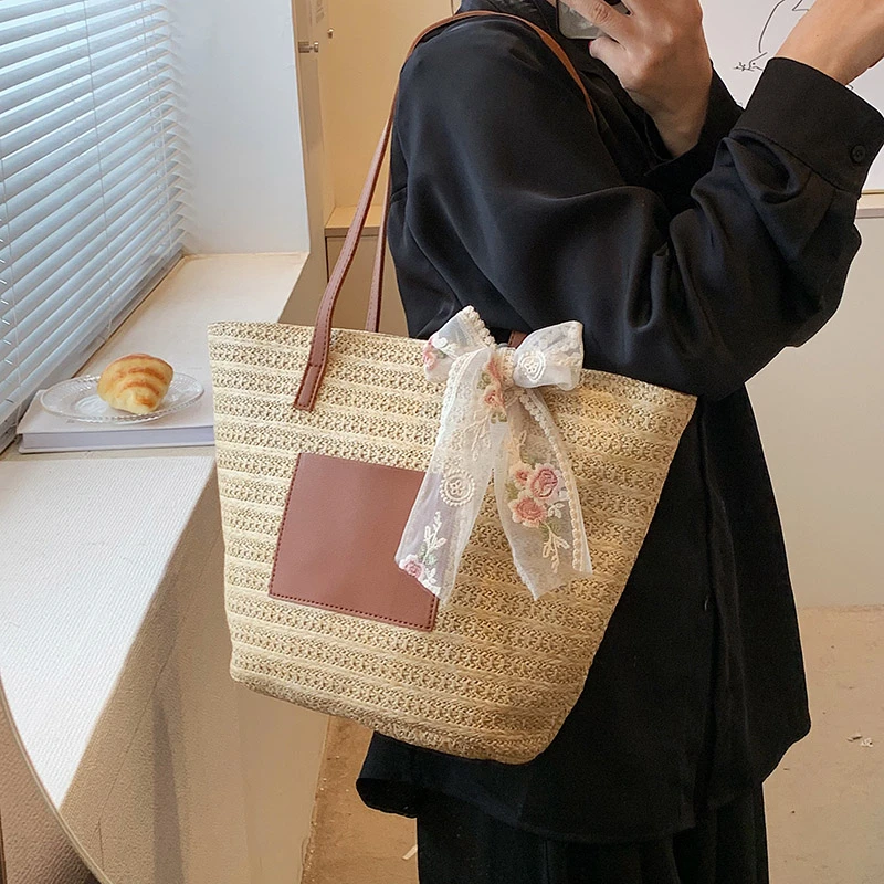 

Fashion Straw Women Shoulder Bags Paper Woven Female Handbags Large Capacity Summer Beach Straw Bags Casual Tote Purses