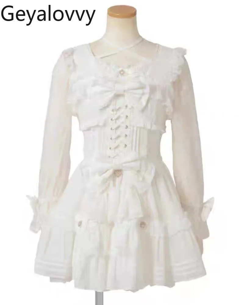 النمط الياباني الإنتاج الضخم جديد الحلو لطيف الفتيات عالية الخصر سليم صالح فستان بكم طويل لوليتا الدانتيل المرقعة القوس فستان قصير #2