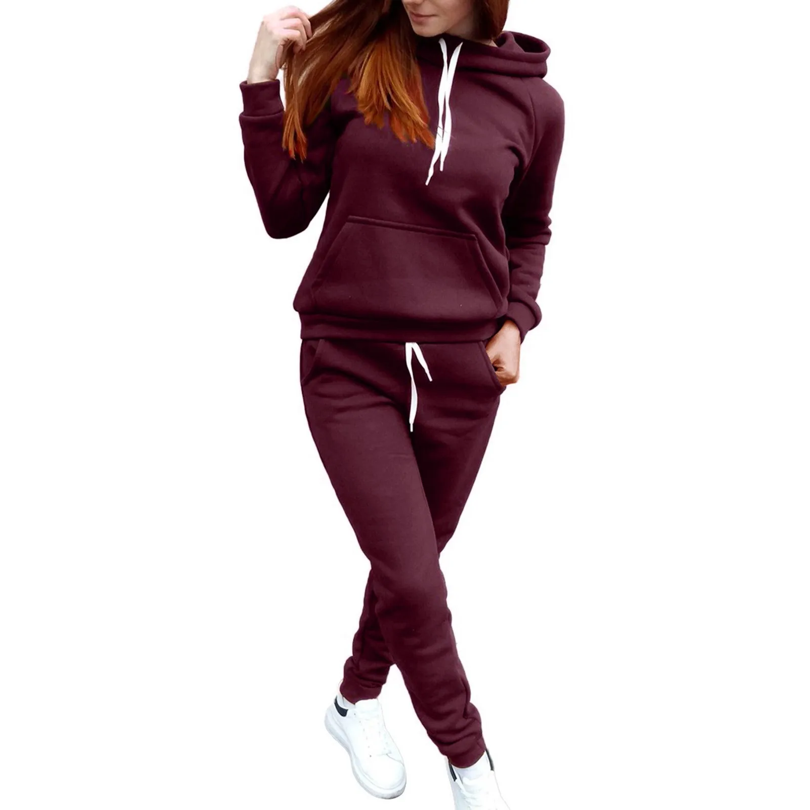 Solid Color Sweatshirts 2 Piece Set Fall Long Sleeve Hoodies Pullover+Sweatpants Warm Fleece Trouser Sets Women Oversize Clothes