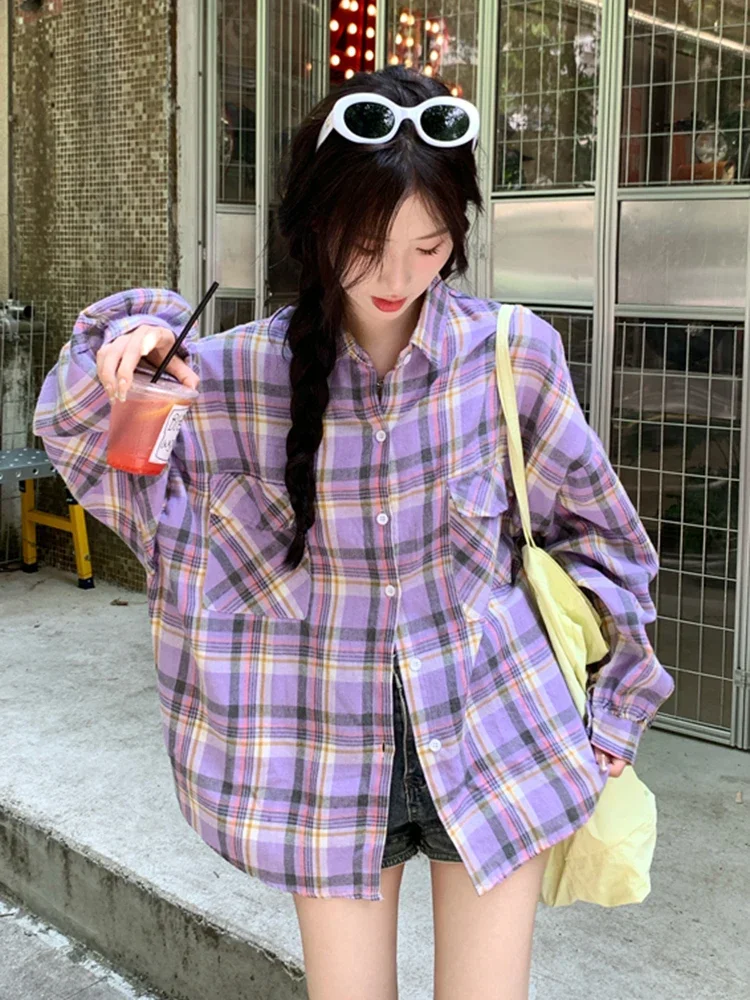 Klasyczne Retro fioletowe koszule w kratę damskie Oversize z długim rękawem koreańska bluzka Casual Vintage damska odzież uliczna luźne topy Camisas