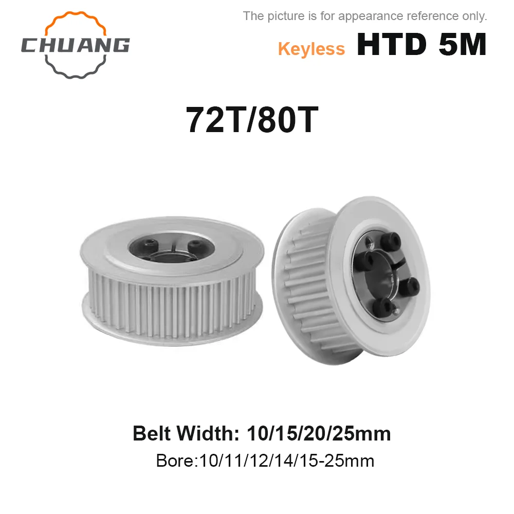 

HTD 5M 72T/80Teeth Timing Pulley Keyless Bushing Bore：10/11/12/14/15-25mm for Belt Width 10/15/20/25mm