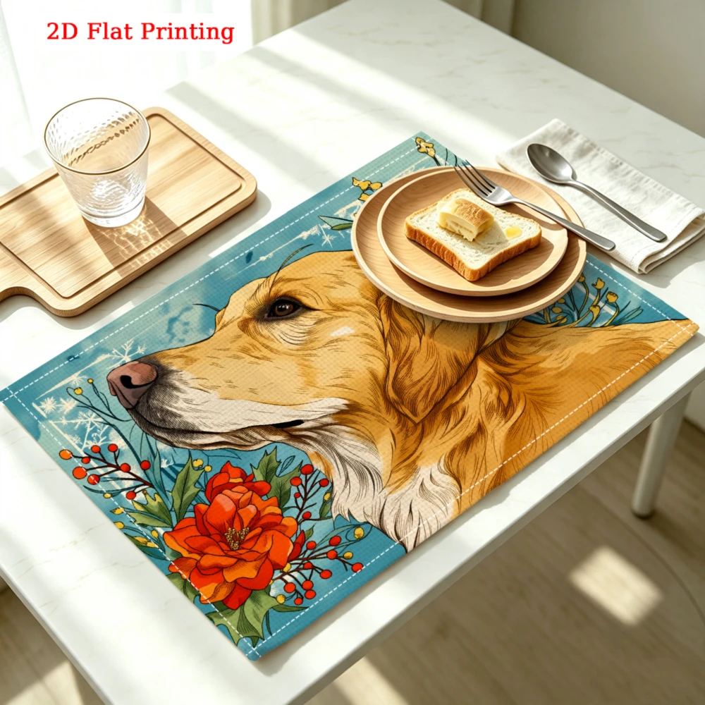 Golden Retriever Floral Kitchen Placemat Golden Retriever Floral Art Linen Pad Dish Coffee Cup Table Mat 1PC 30x40cm