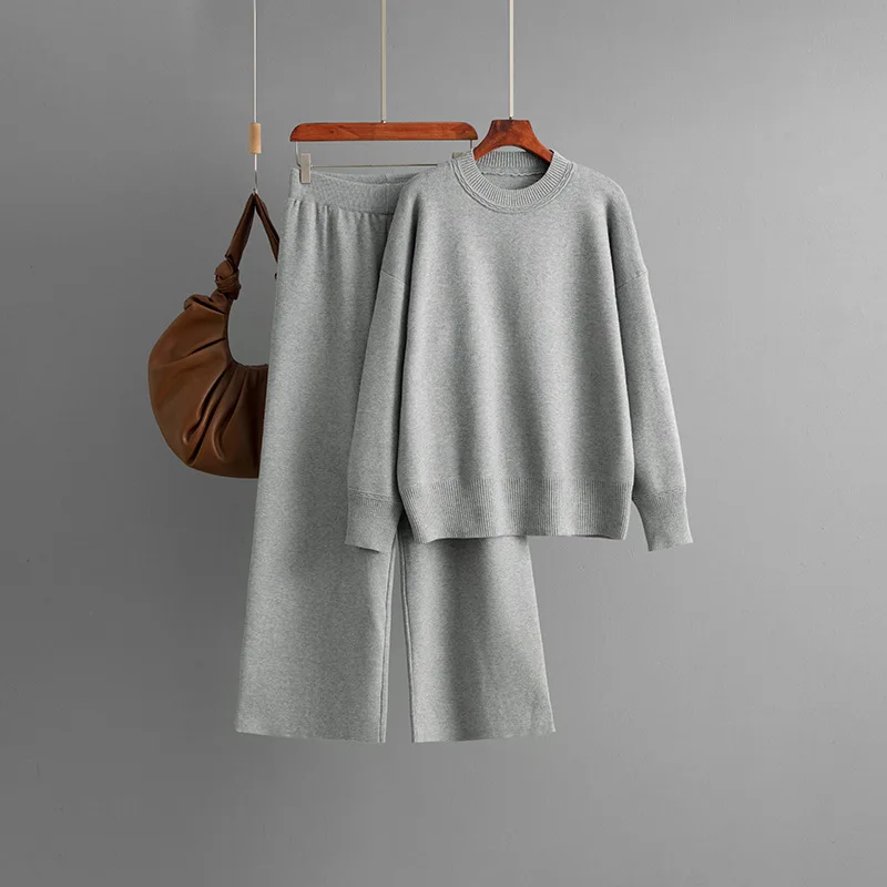 Set Rajutan Wanita Sweter Longgar Ne Bulat Celana Kaki Lebar Set Dua Potong Ansambel Musim Gugur Musim Dingin Faion Kasual