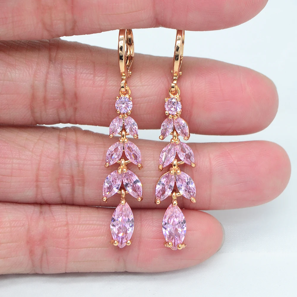 Fashion Jewelry Gold Color Royal Purple CZ Zircon Leaf Leaves Earrings for Women