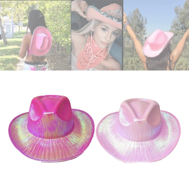 Sombrero de vaquero neón brillante Space, gorro holográfico metálico divertido para fiesta, discoteca, vestido de vaquero rosa brillante