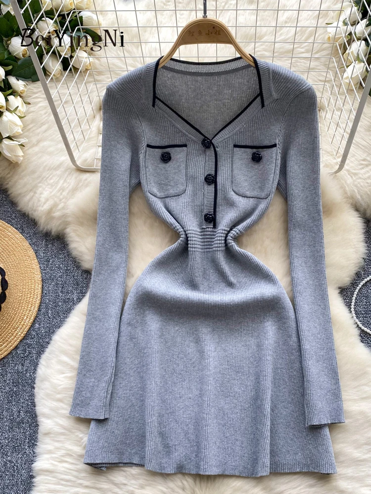 Beiyingni Autumn Winter Knitted Mini A-line Dress Women Luxury Slim Fashion Design Korean Short Dresses Ladies Retro Black Robes