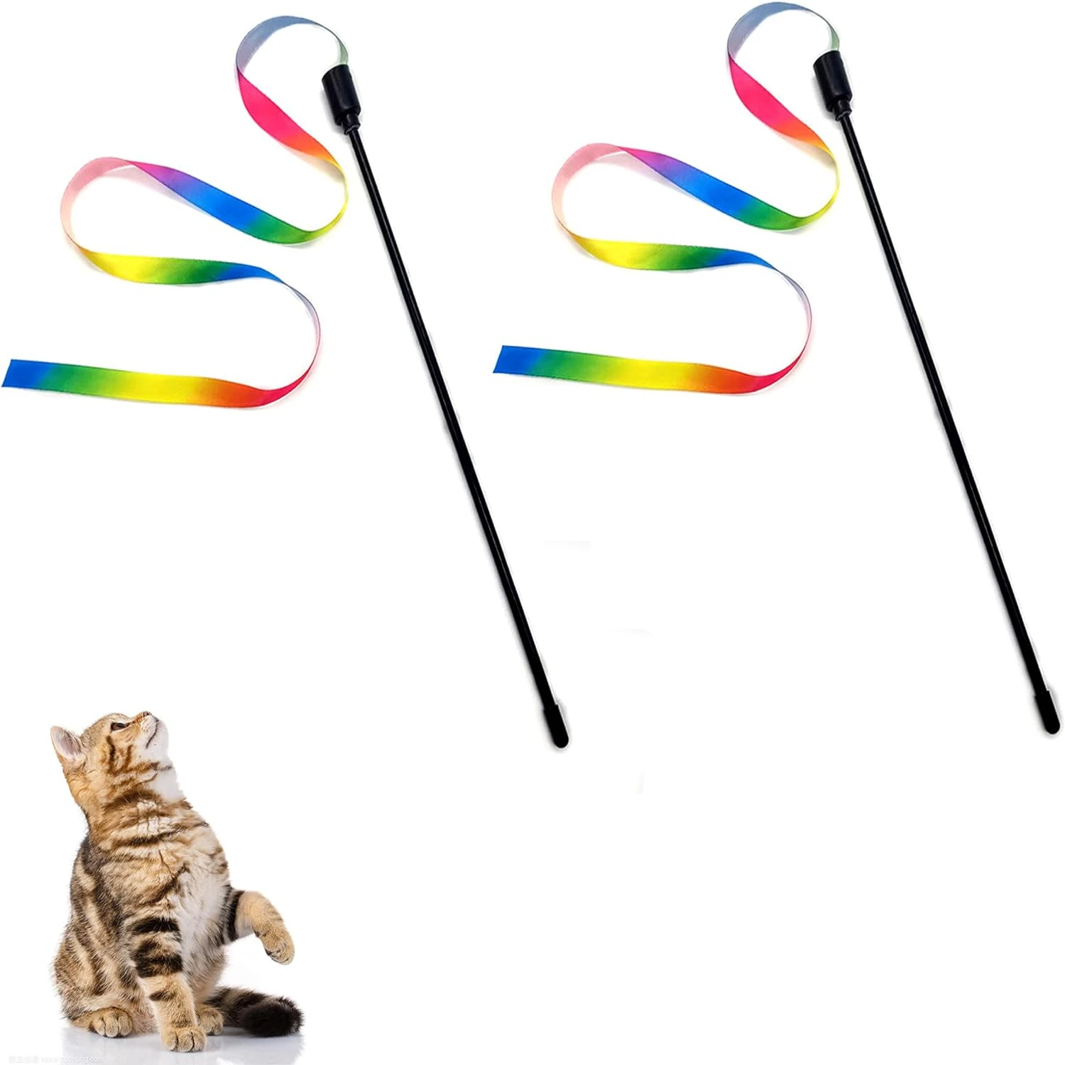 

Creative Rainbow Cat Teaser Wand Toy - Interactive Funny Fabric Ribbon Exerciser for Kitten - Colorful Indoor Pet Training Acces