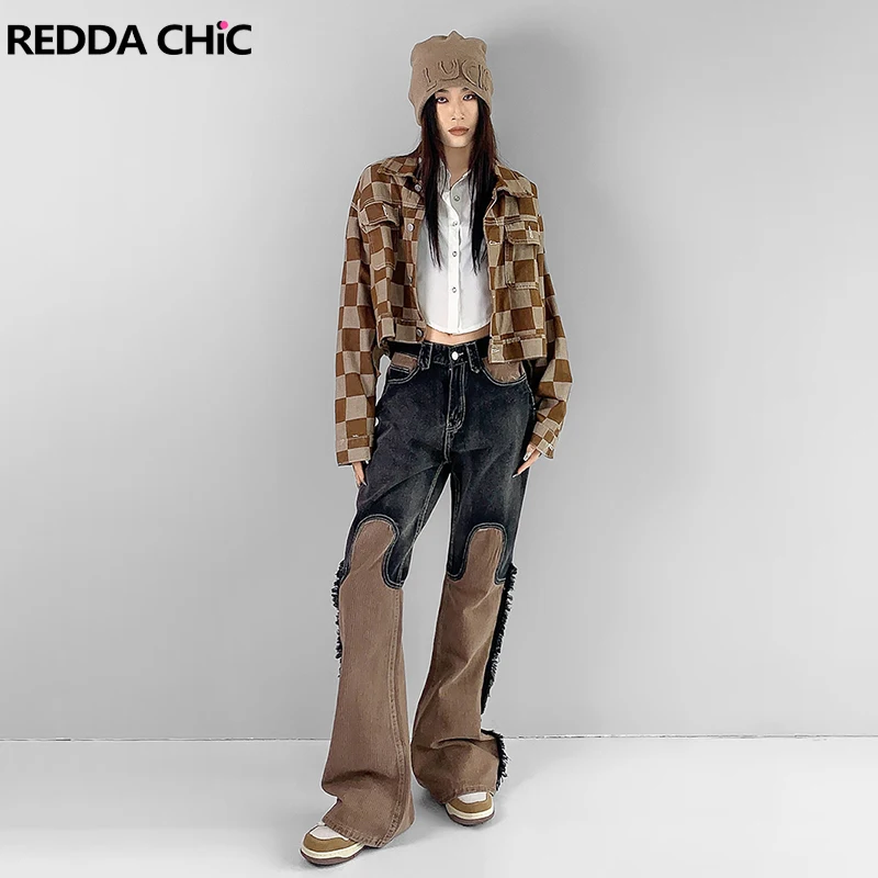 

ReddaChic Brown Vintage Flared Jeans Women Pants Y2k Streetwear Acubi Fashion Patchwork Denim Trousers Ladies Korean Clothes