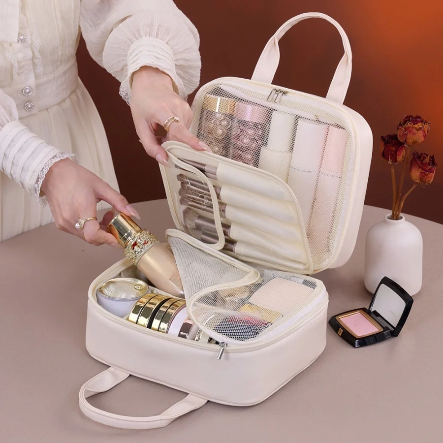 حقيبة مكياج متعددة الوظائف للنساء من جلد البولي يوريثان، سعة كبيرة، محمولة بسحاب مزدوج، فرشاة مكياج للسفر، حقيبة تخزين أدوات الزينة