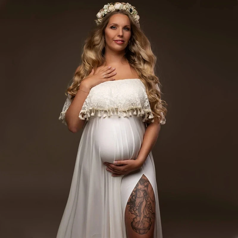 

Boho Maternity Dresses Slash Neck Lace Tassels Pregnancy Photography Bohemian Long Dresses