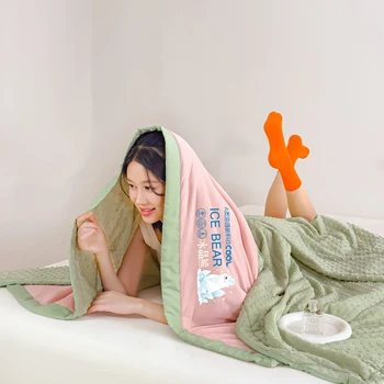Fashion bean touch summer quilt bubble cotton double layer yarn soft cotton comforter letter print queen size breathable bedding