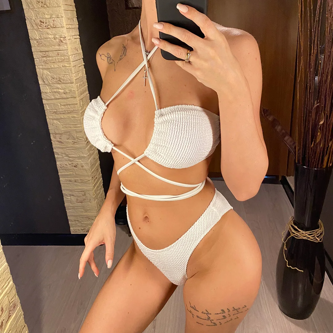 Sexy Wickel-Bikini mit Falten, Damen-Badeanzug, zweiteiliges Bikini-Set, Badebekleidung, Badeanzug, Modell V3622 – Detail 4