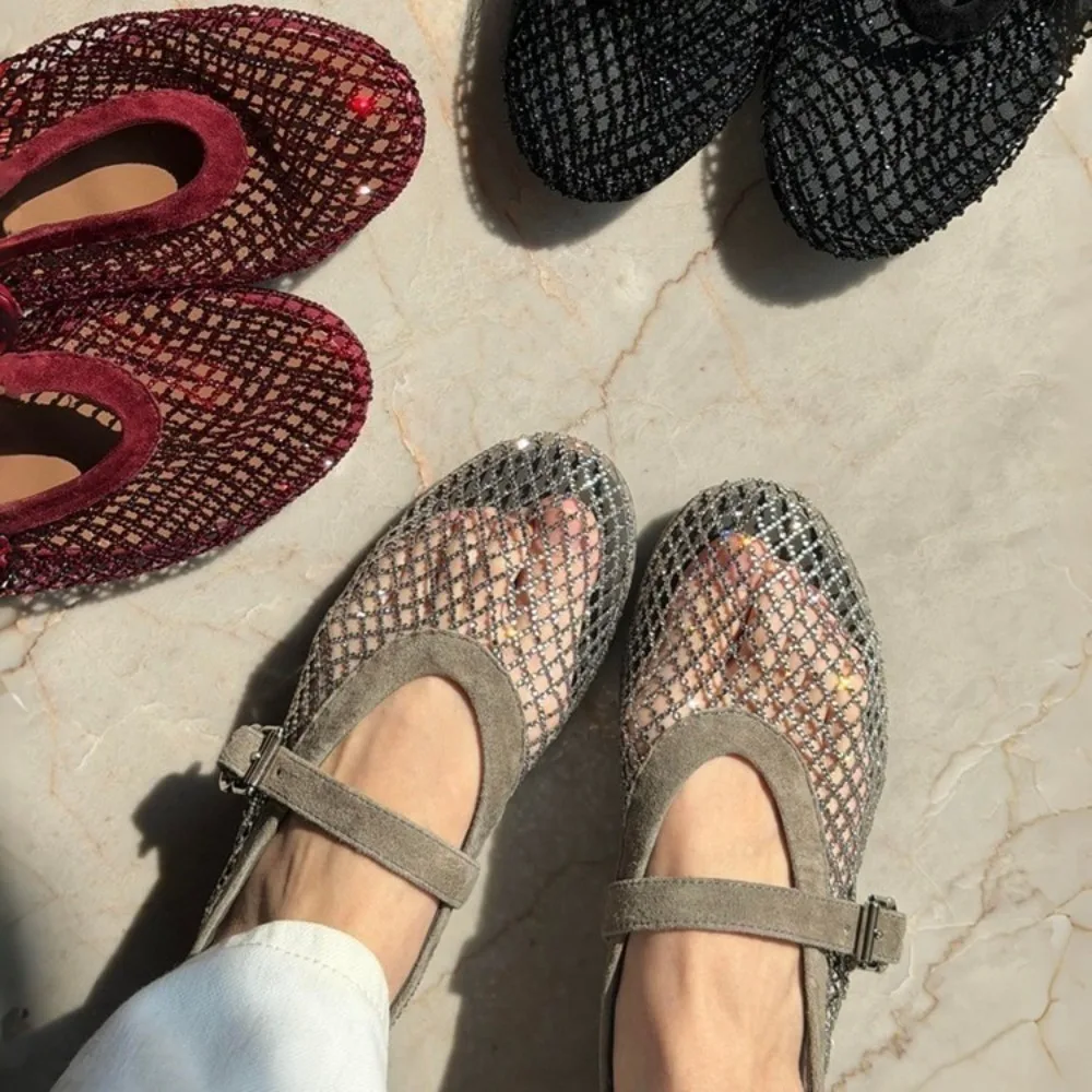 2026 New Model Fishnet Rhinestone Ballet Flat Mary Jane Women's Shoes with Hollowed-Out Strap Flat Sandals