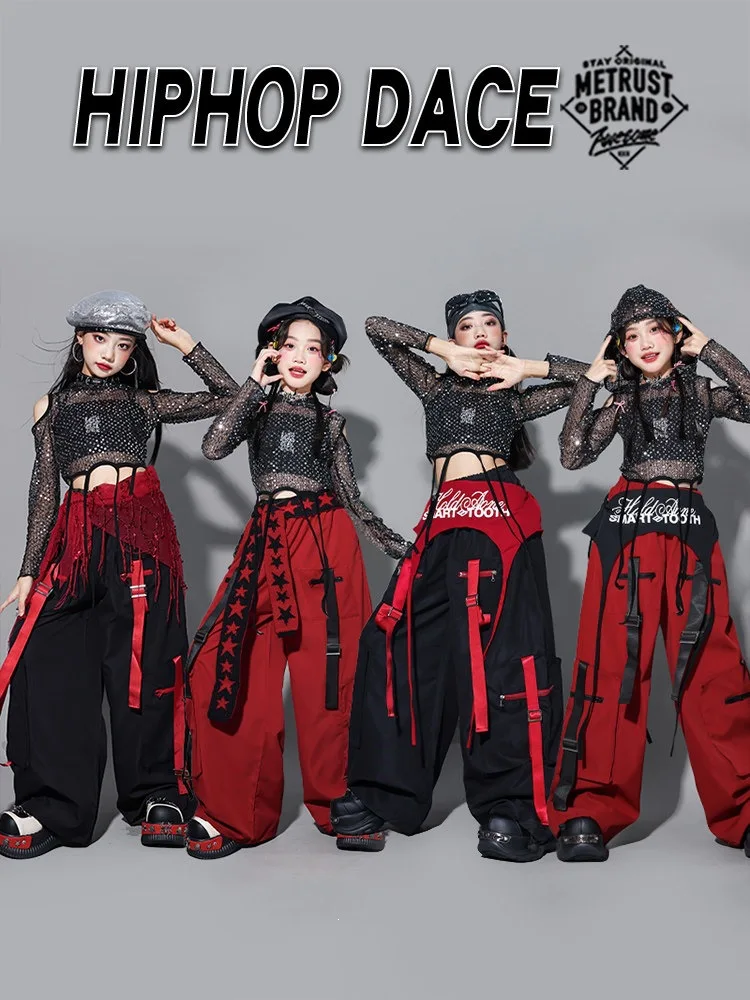 Girls Hip Hop Sequin Crop Hoodie & Cargo Pants Set Kids K-pop Jazz Street Dance Costume Girl Group Stage Streetwear Outfits