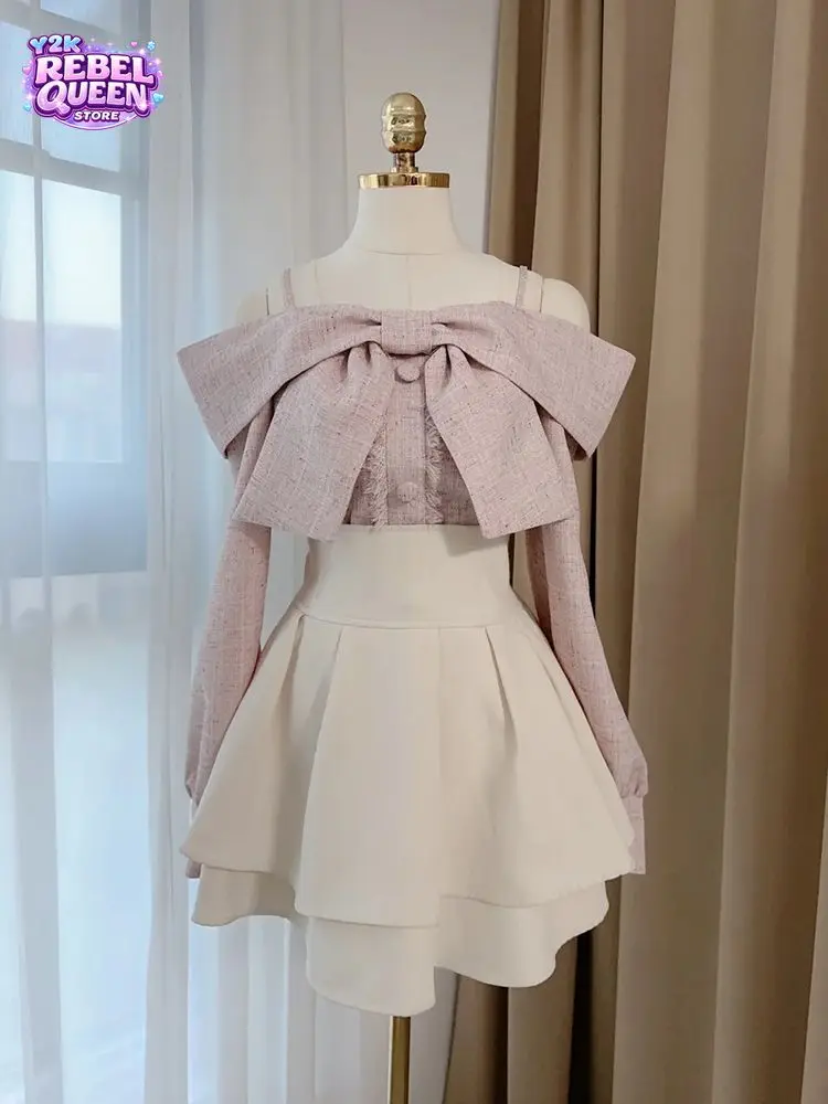 Japanese Sweet Coquette 2 Piece Skirt Set Women Off Shoulder Bow Long Sleeve Top High Waist Pleated Mini Dress Elegant Party