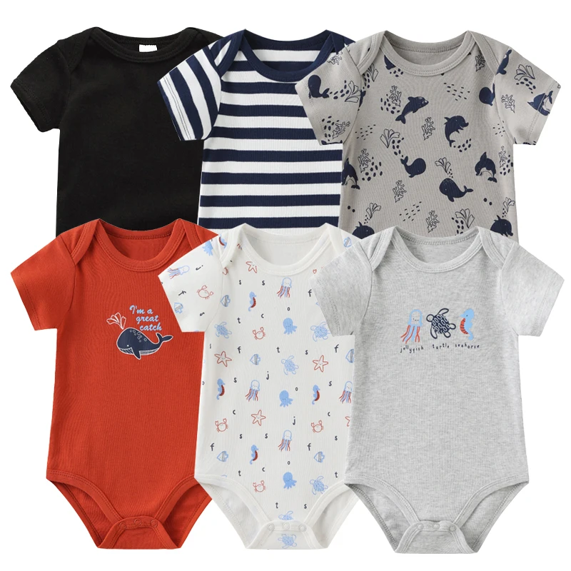 Ensemble de vêtements pour bébés filles et garçons, 6 pièces, en coton, à manches courtes, motif dessin animé, couleur unie, été, 2023