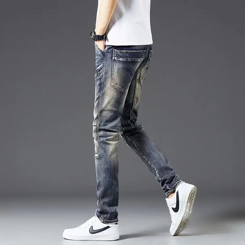 Calças elásticas estiramento homem calças de cowboy fino ajuste tubo apertado retro y2k vintage 2025 coreano outono empilhados jeans para homem magro