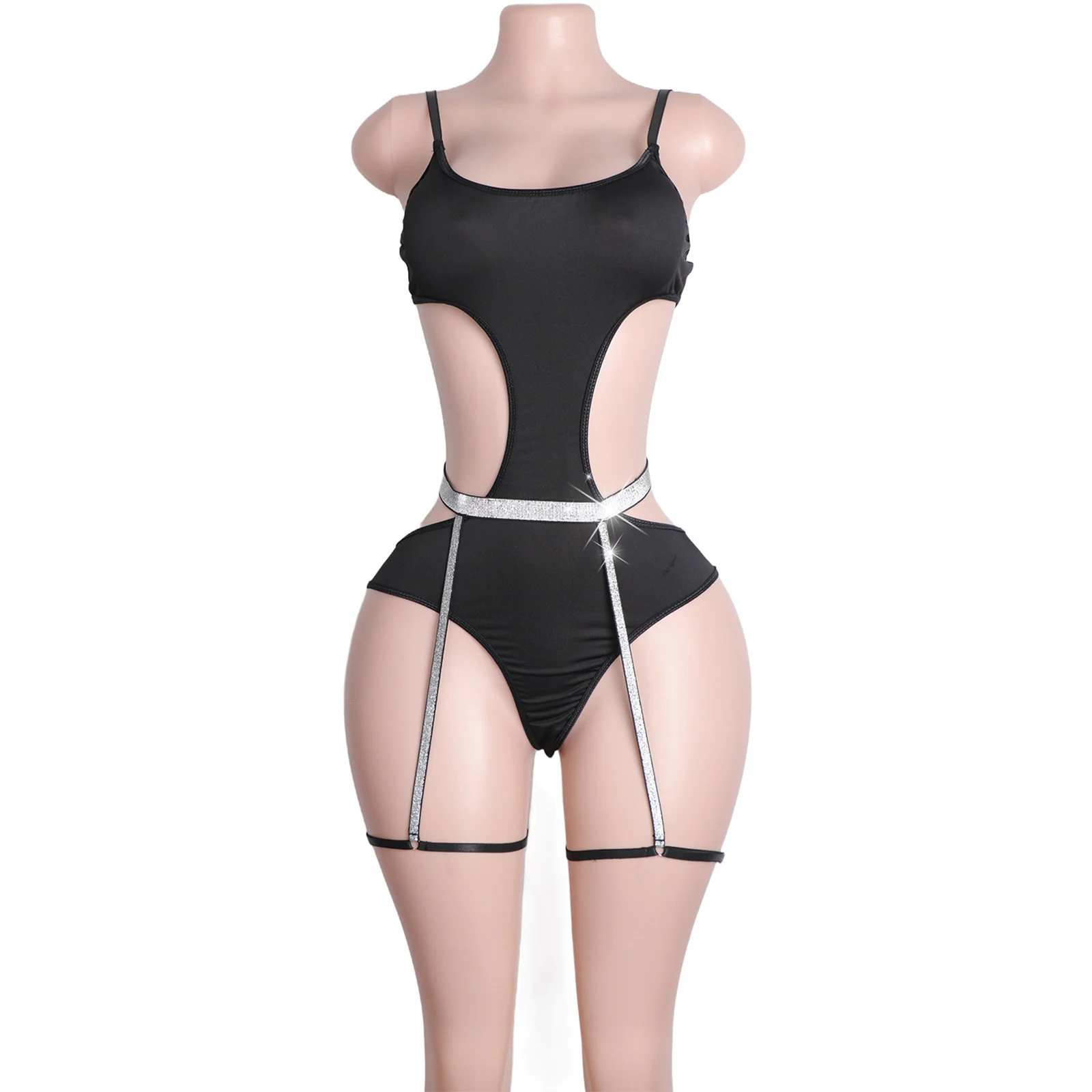 

Custom Rhinestone Pole Dancewear Stripper Outfit with Garter Belt Exotic Performance Nightclub Costume Clubwear Set for Women