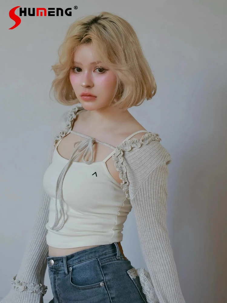 

2025 New Japanese Style Sweet Vest Knitted Cardigan 2-Piece Set Spring Autumn Women's Slim Fit Fashion Casual Knit T-Shirt