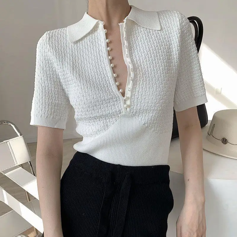 White top knitted short-sleeved T-shirt 2024 new style short polo collar shirt design for summer