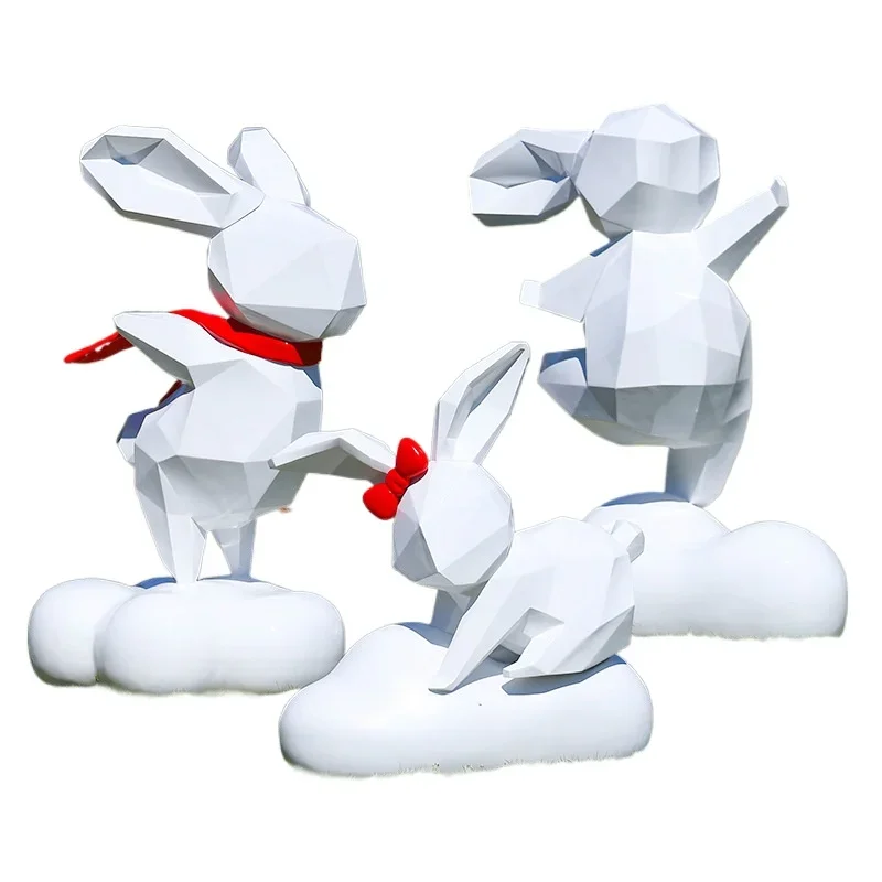 

Geometric block surface abstract rabbit ornament outdoor fiberglass sculpture garden landscape community