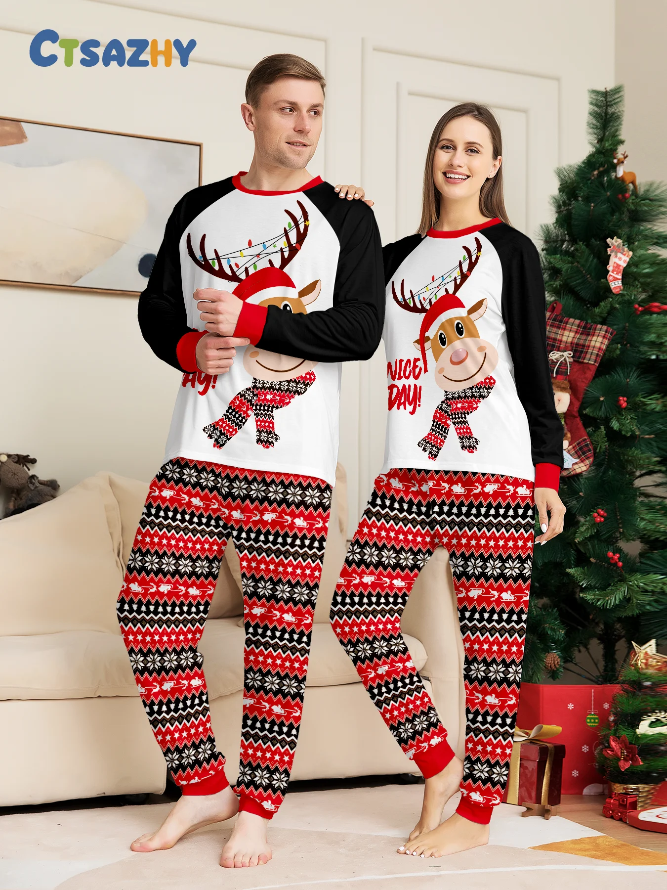 

"Reindeer Christmas Pajamas Set Long Sleeve Matching Sleepwear for Couples