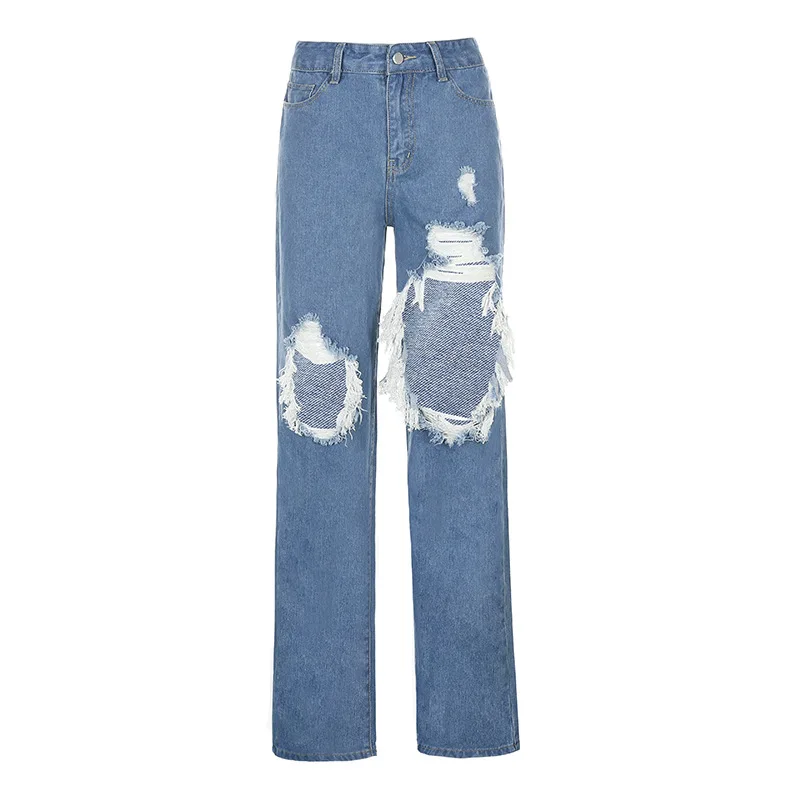 

Female Casual Baggy Denim Pants All-Match Streetwear Straight Jeans Fashion 2023 Fall Women High Waist Ripped Hole Jeans Pants