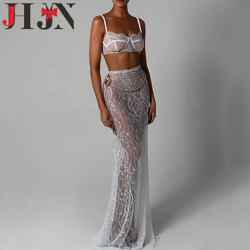 JHJN Hottie Abito a due pezzi Lingerie sexy in pizzo Canotta trasparente Crop Top Vita alta Tromba Abito lungo fino al pavimento Set da 2 pezzi femminile