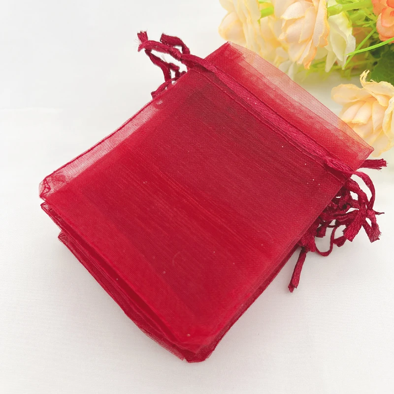 

100pcs Wine Red Gift Bag Drawstring Organza Bag Burgundy Organza Gift Bags Wedding Packaging Jewelry Storage Bags Sachet Pouch