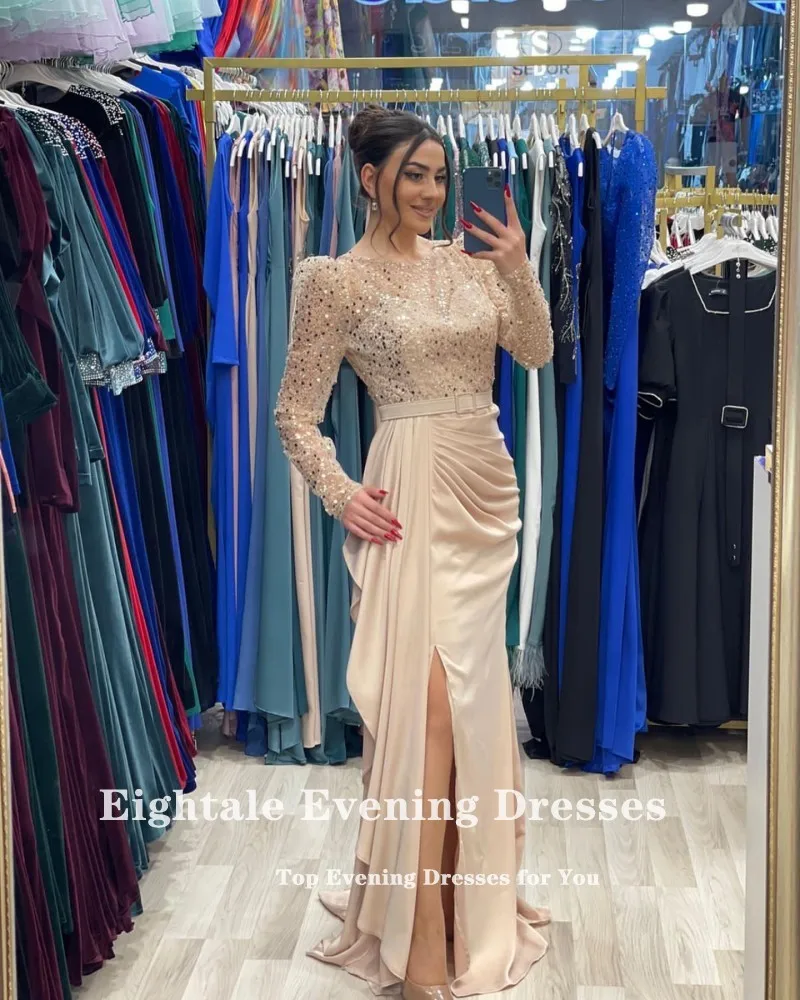 Eightale Dusty Pink Evening Dresses O-Neck Long Sleeves Belt Mermaid Prom Wedding Party Gowns Customized Arabic Robe De Doirée