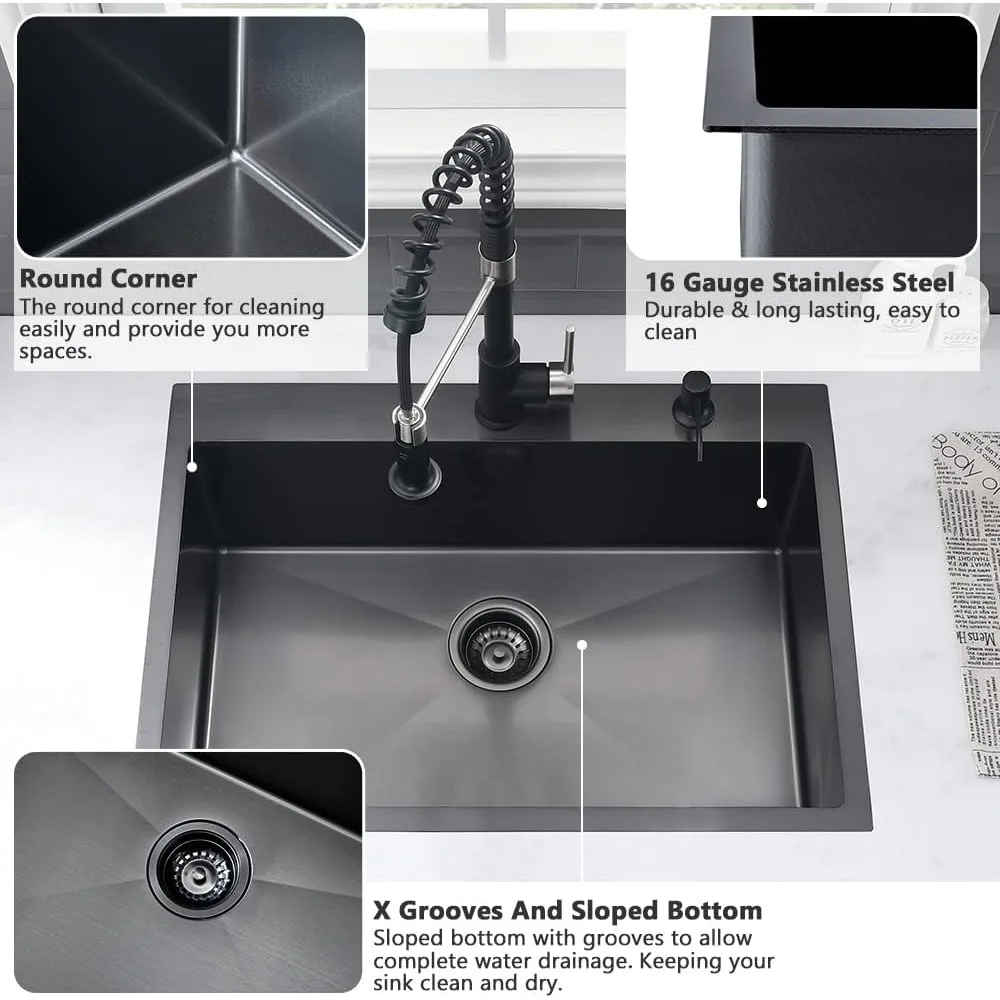 وعاء مطبخ فردي عميق 25 × 22 بوصة من الفولاذ المقاوم للصدأ باللون الأسود في 16 مقياسًا، سعة كبيرة، تصميم عصري