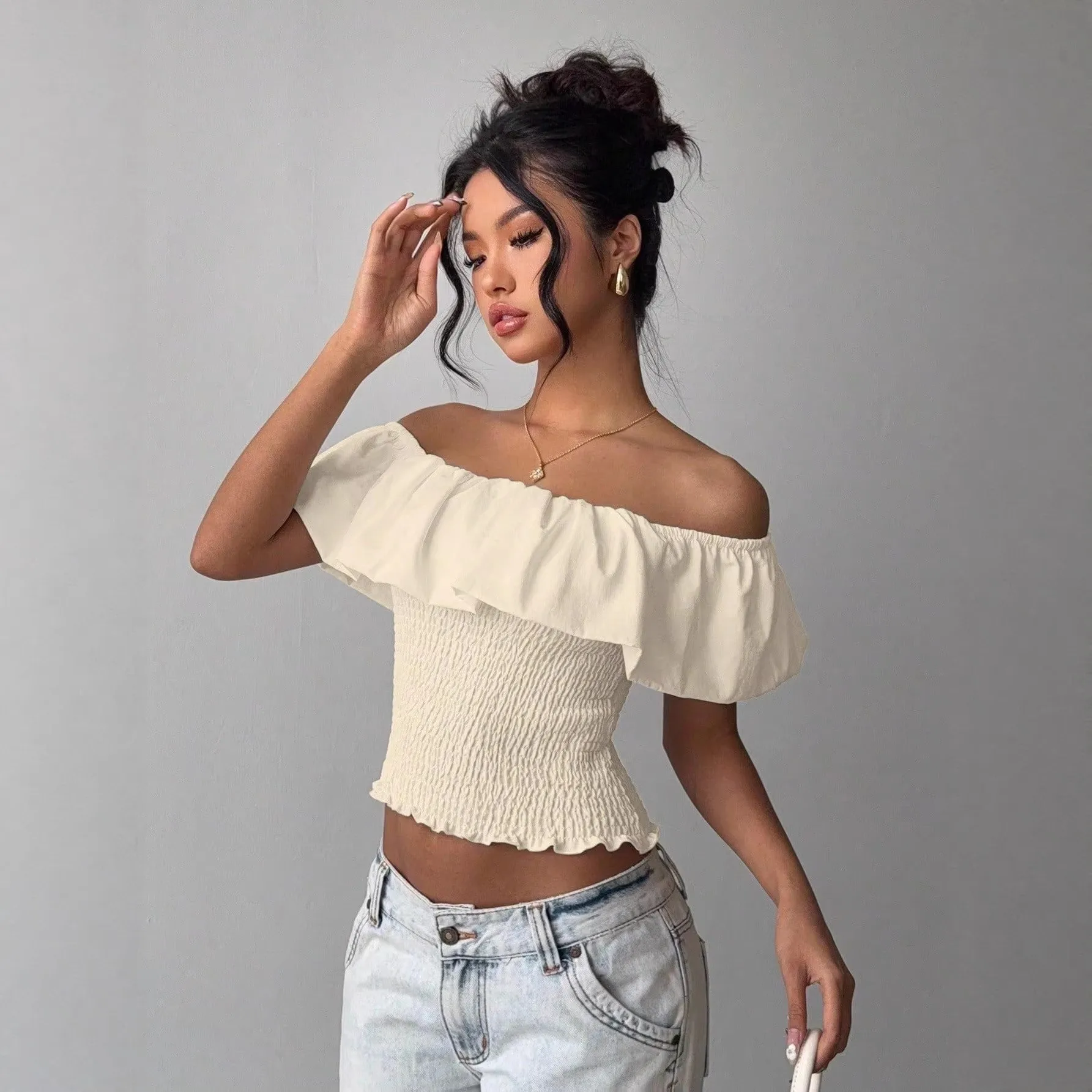 Women Crop Top Light Green Slim Fit Body Femmes Smocked Bodice Black Bandeau Top Ruffle Trim Cream Off Shoulder Top