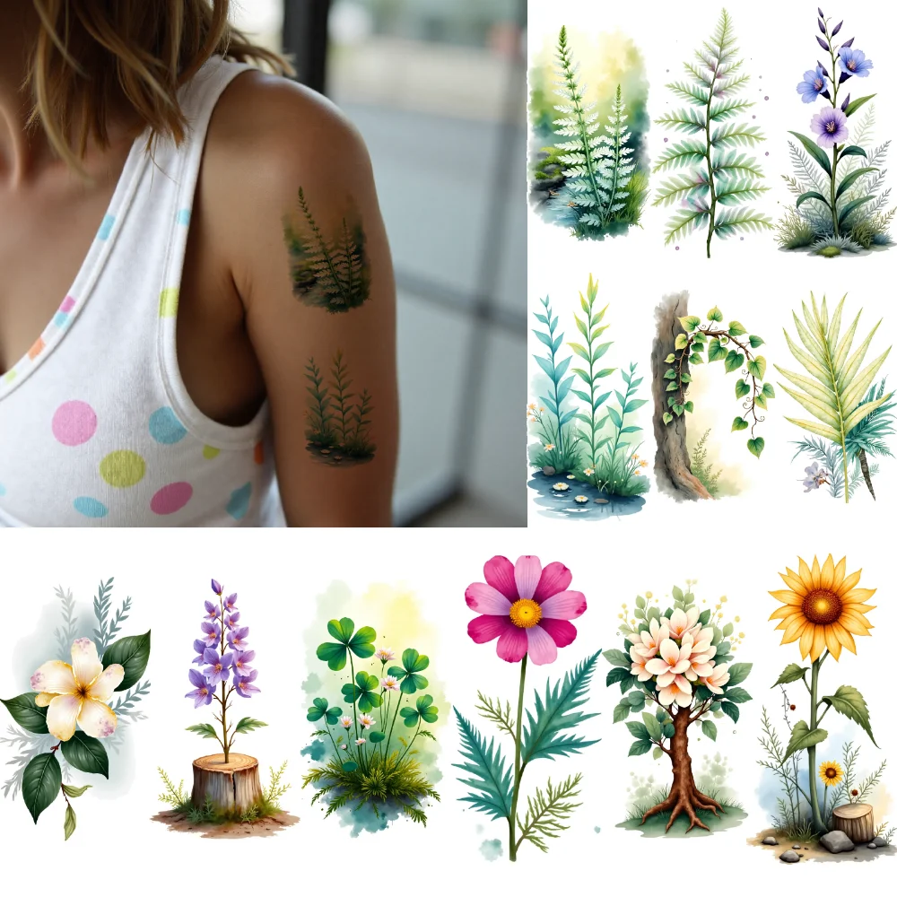 

9 шт. временных татуировок с природными узорами, акварельные цветочные тату, водостойкие, долговечные наклейки для тела, для рук, плеч, для женщин