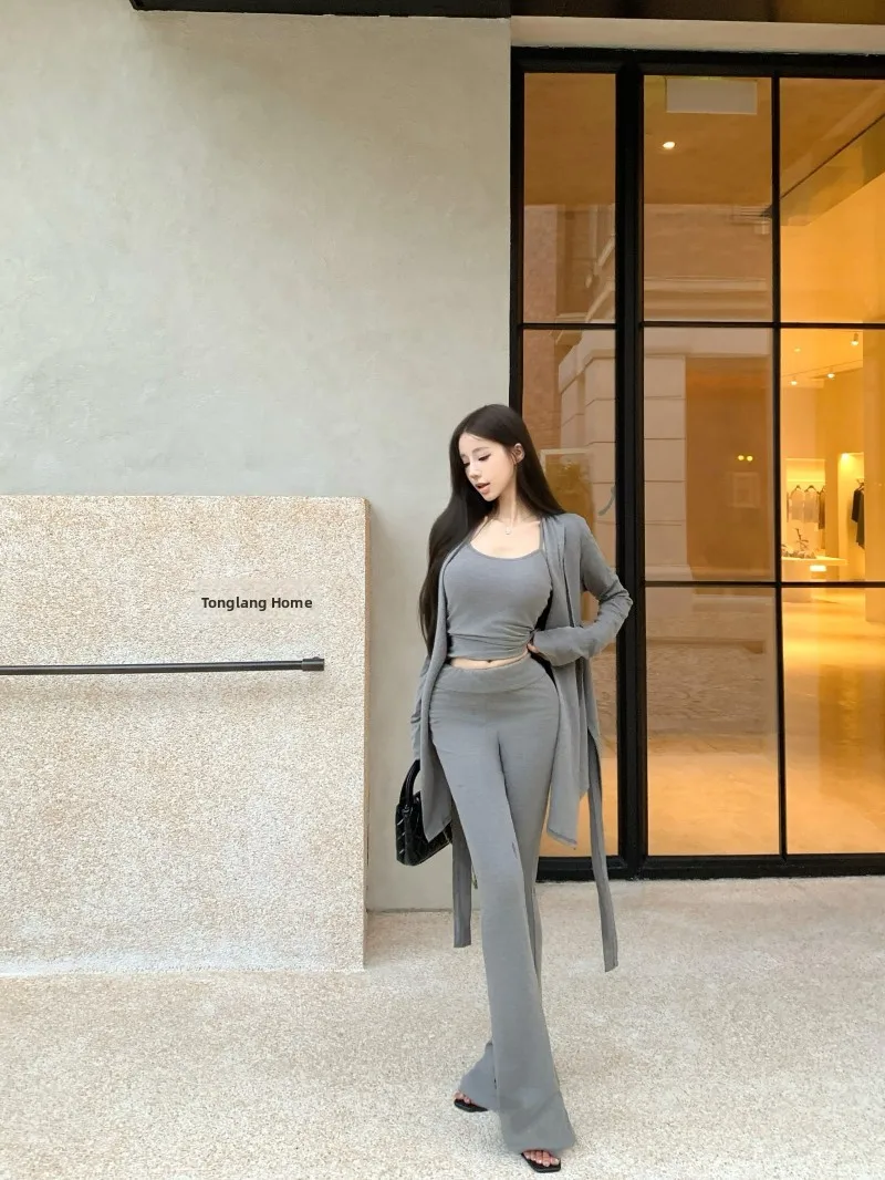 

Casual Three-Piece Set Lazy Long Sleeve Open Cardigan Jacket Hanging Neck Vest Women's Spring Grey Micro Flared Pants