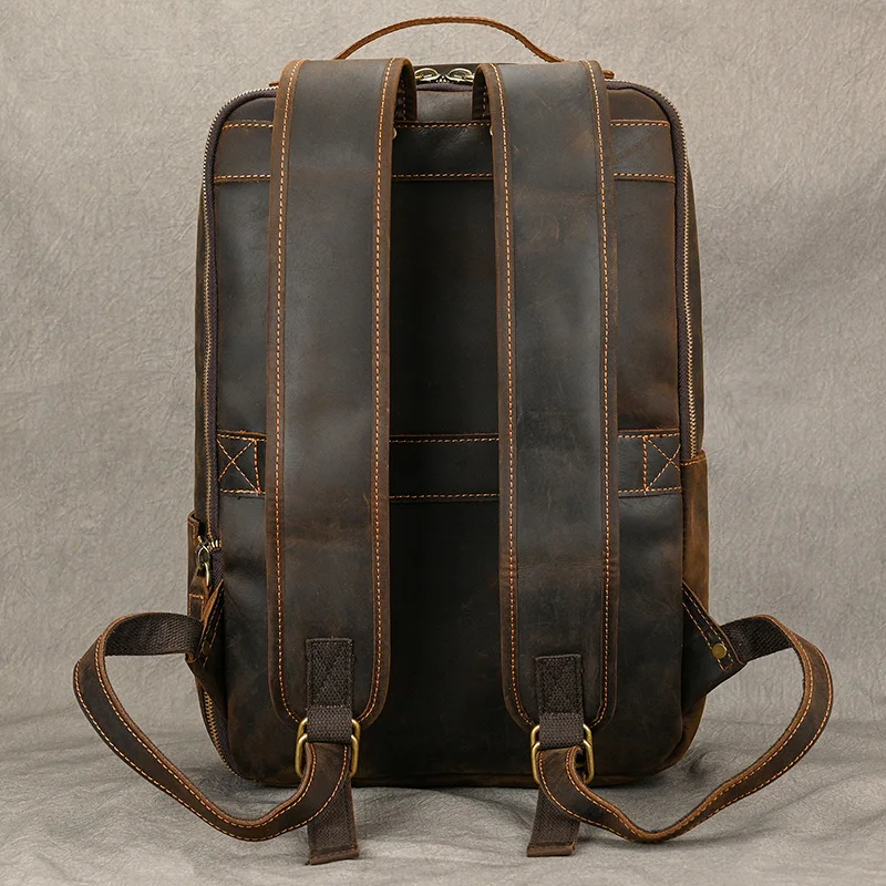 Vintage Travel Backpack leather double zipper bagpack male crazy horse leather backpack handmade leather travel bag men bag