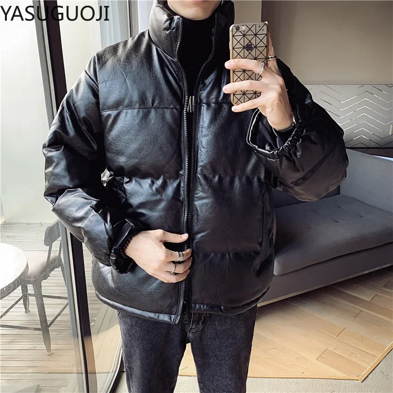 YASUGUOJI New Cotton-padded Men\'s PU Leather Jacket Casual Slim Bomber Jacket Men Warm Parka Mens Winter Puffy Jackets and Coats