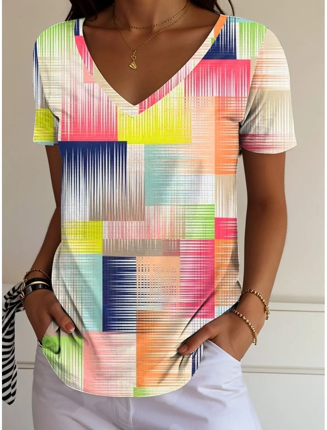 Summer Colorful Block Splicing 3D Print T-shirt Women Streetwear T Shirts Tops Woman Harajuku V-Neck Tees Oversized Clothing