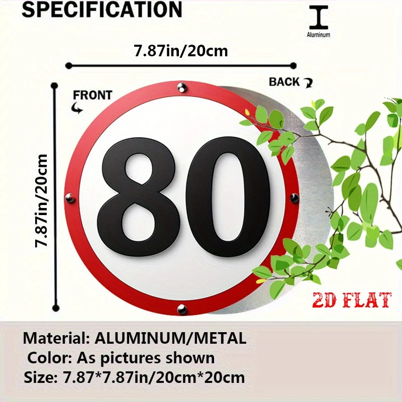 2D Flat, 1pc Round Aluminum Traffic Sign - 80 Speed Limit, Red Border, Black Numbers, Rustic Metal Wall Art, 19.99x19.99 cm, P